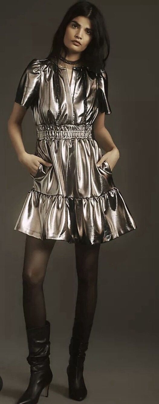 Anthropologie The Somerset Mini Metallic Dress FauxLeather Edition Silver M $160